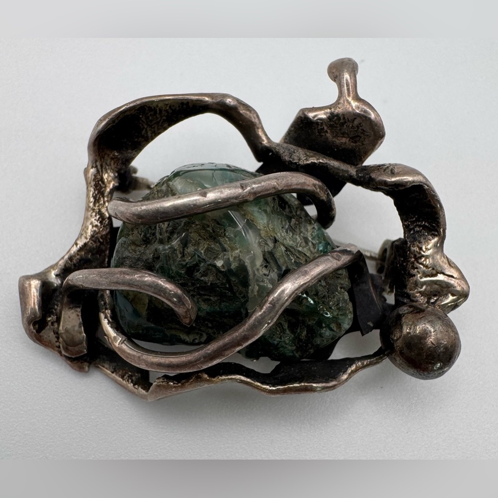 Vintage Elcroft Handmade Sterling Brutalist Modernist Brooch | Chrysocolla Stone